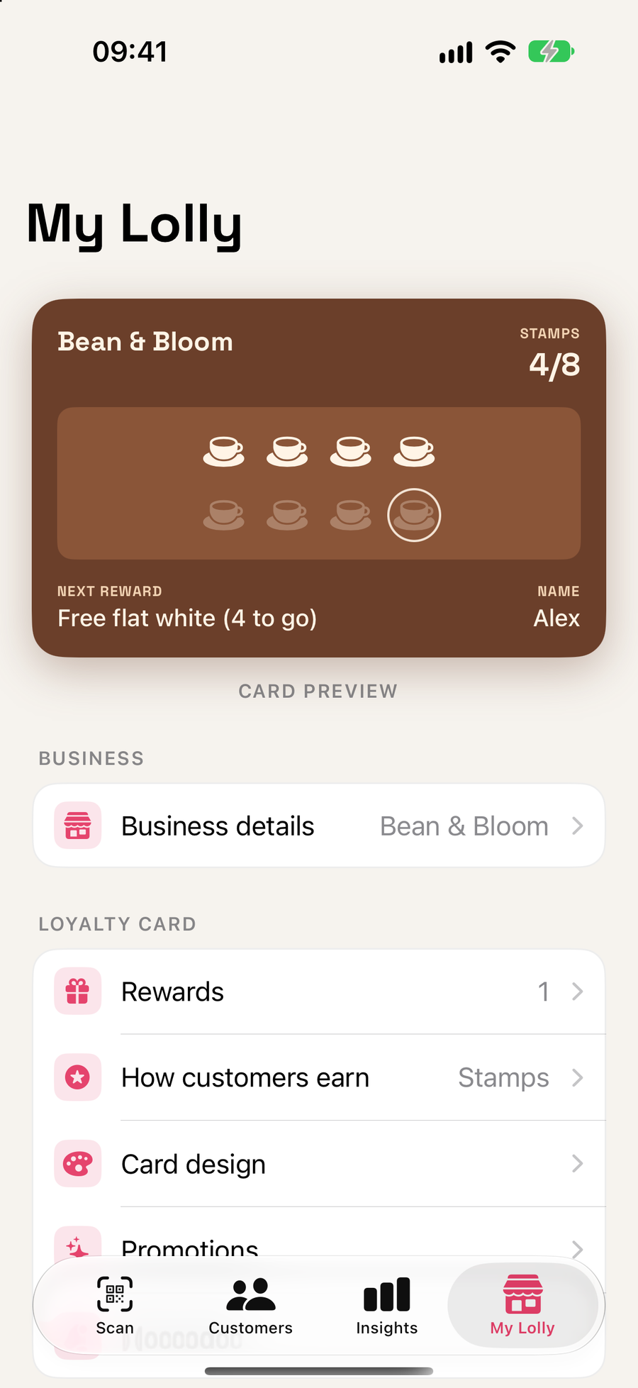 My Lolly in the app, showing the Bean & Bloom card preview