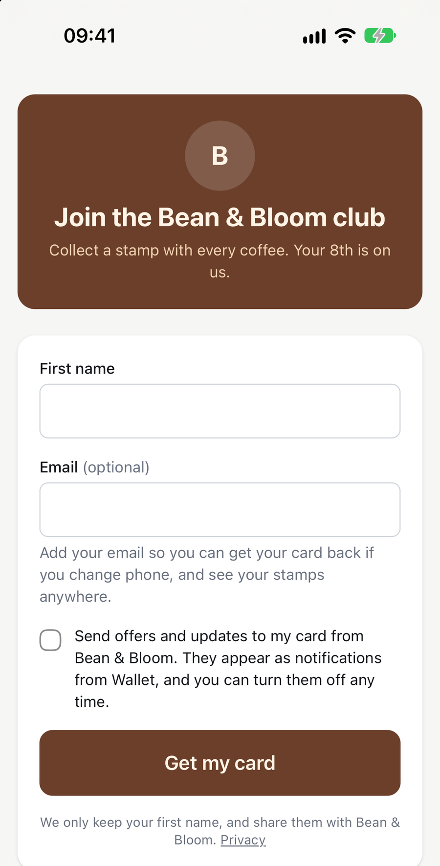 The customer join page in Bean & Bloom colours