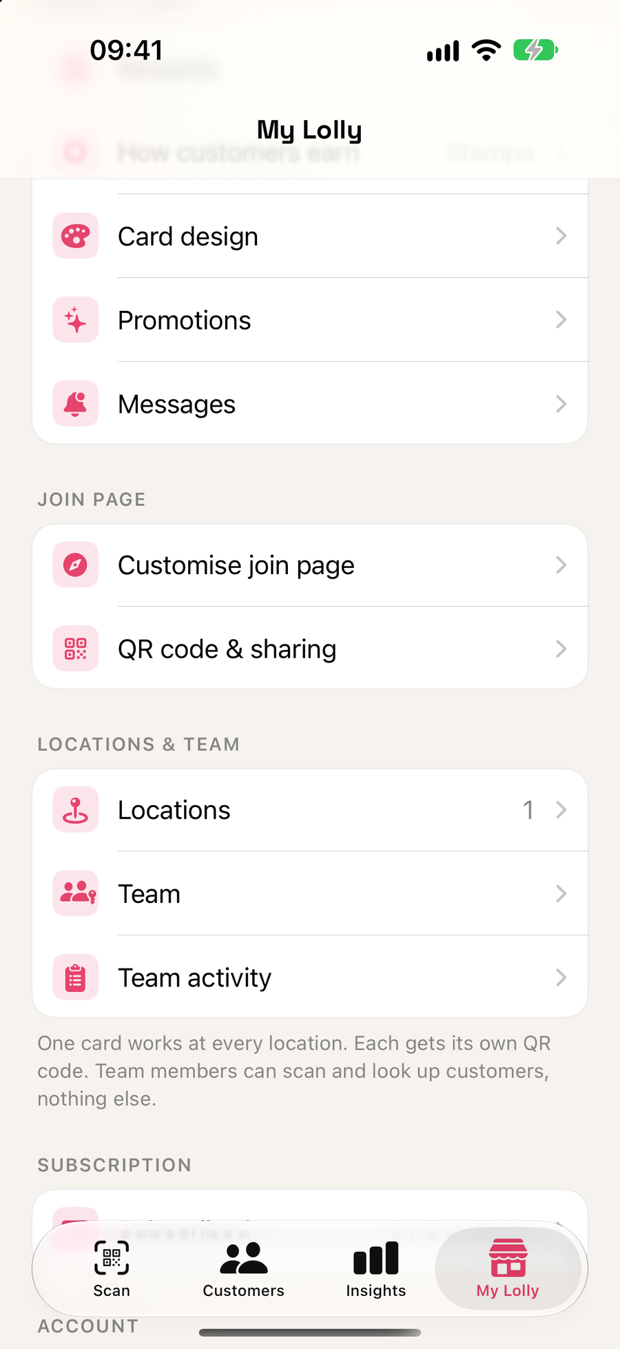 The My Lolly menu with rewards, card design, promotions, messages and team