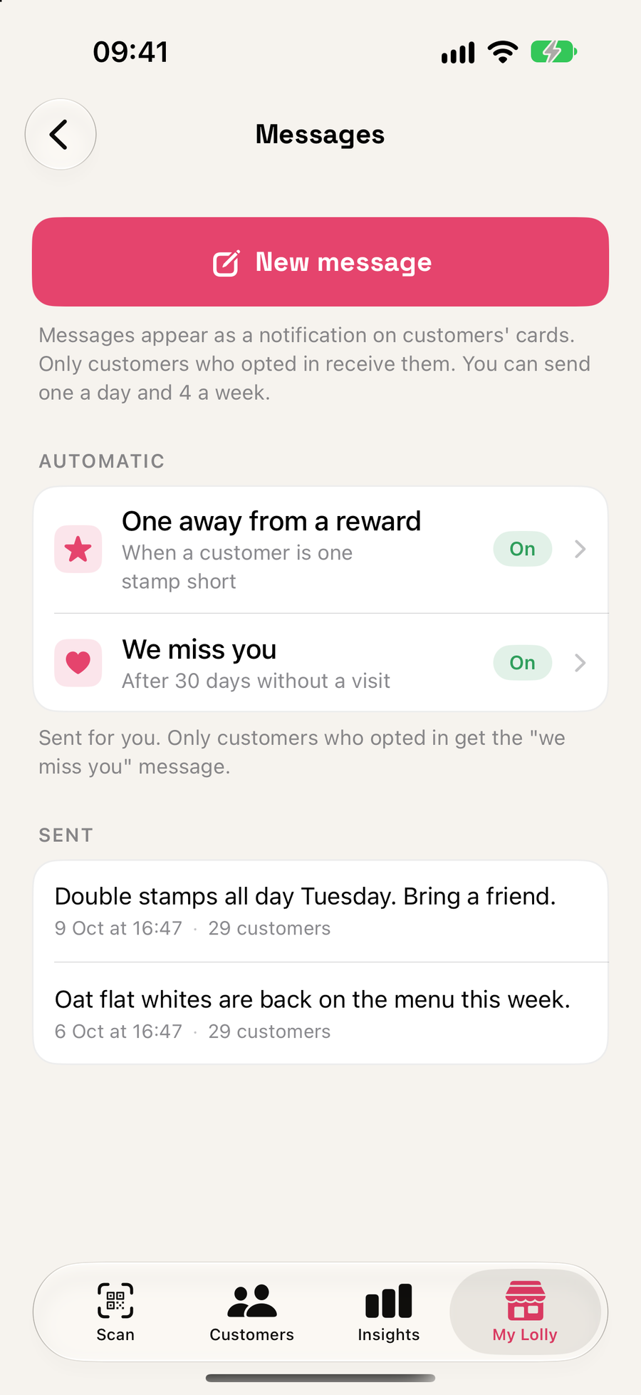 Messages: send an offer, switch on automatic nudges, and see what you sent