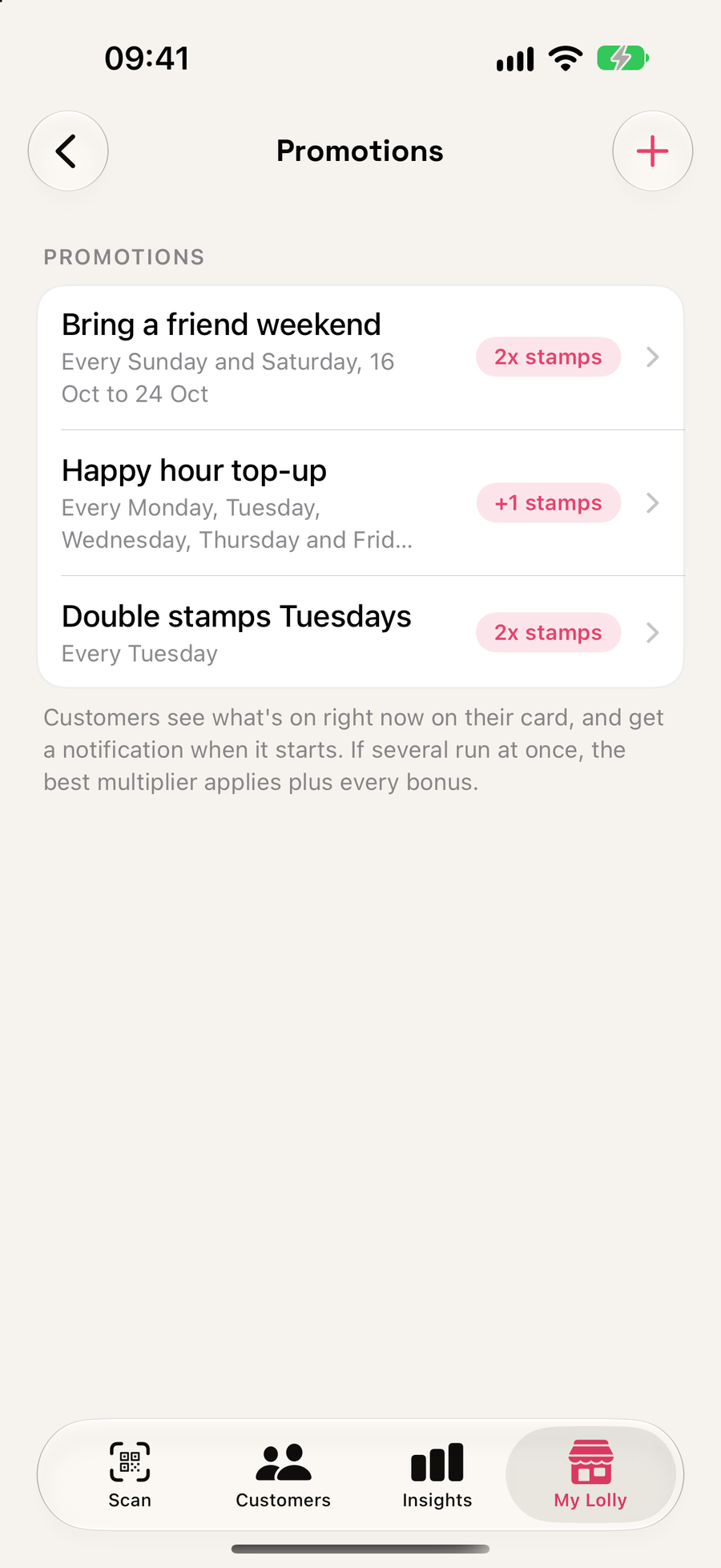 Promotions: double stamps Tuesdays, a happy hour top-up and a bring-a-friend weekend