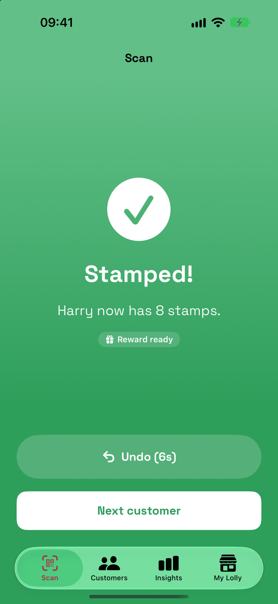 The Lolly app after scanning a customer: Stamped, Harry now has 8 stamps, reward ready